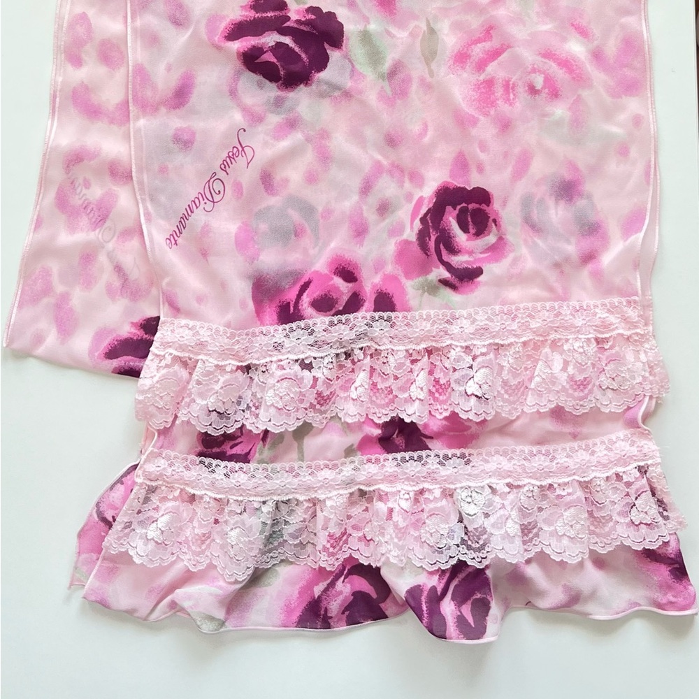 Jesus Diamante Sheer Long Pink Scarf with Lace Trim Blurred Rose Pattern